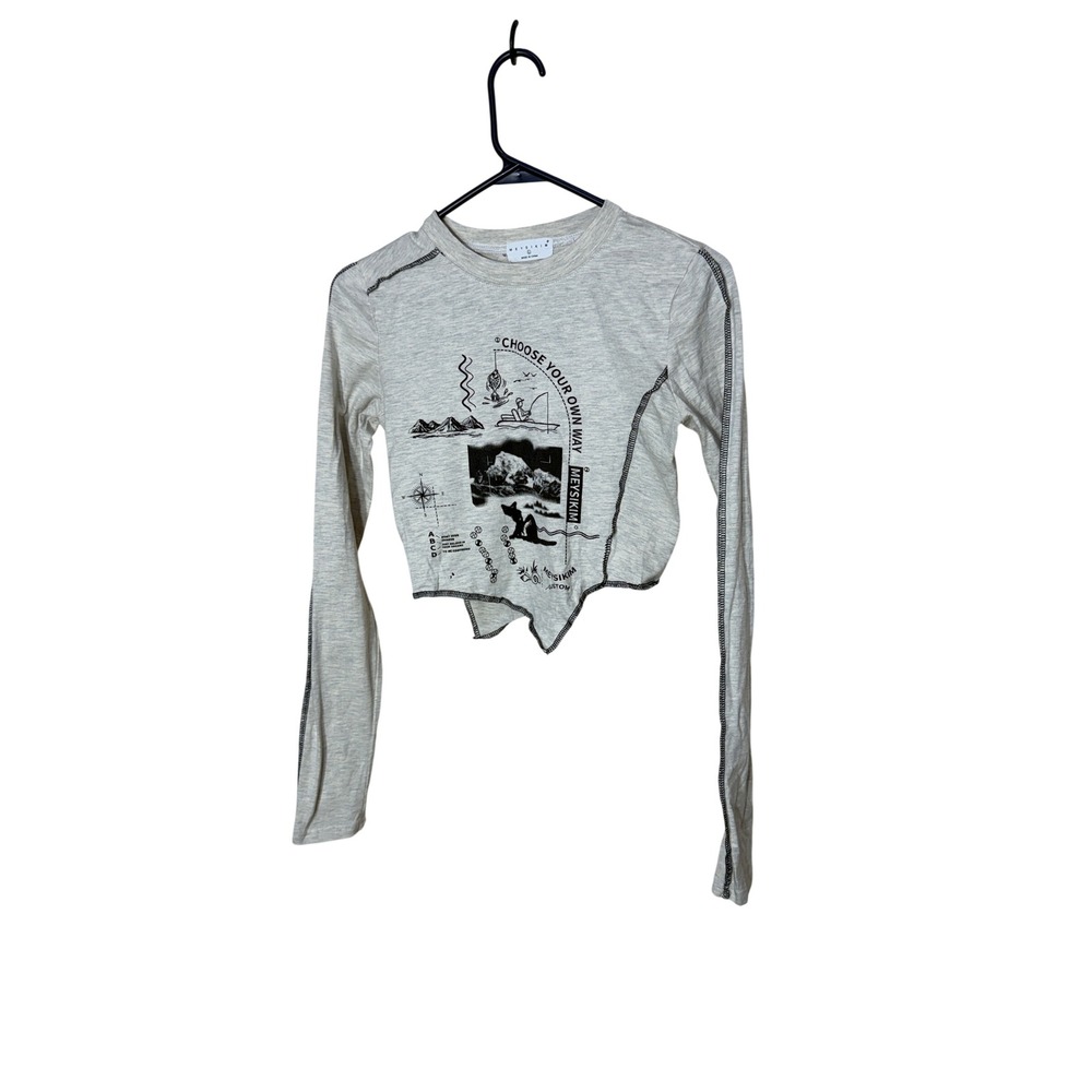 Meysikim Shein Grey‎ Cream Graphic Asymmetric Hem Long Sleeve Crop Top S